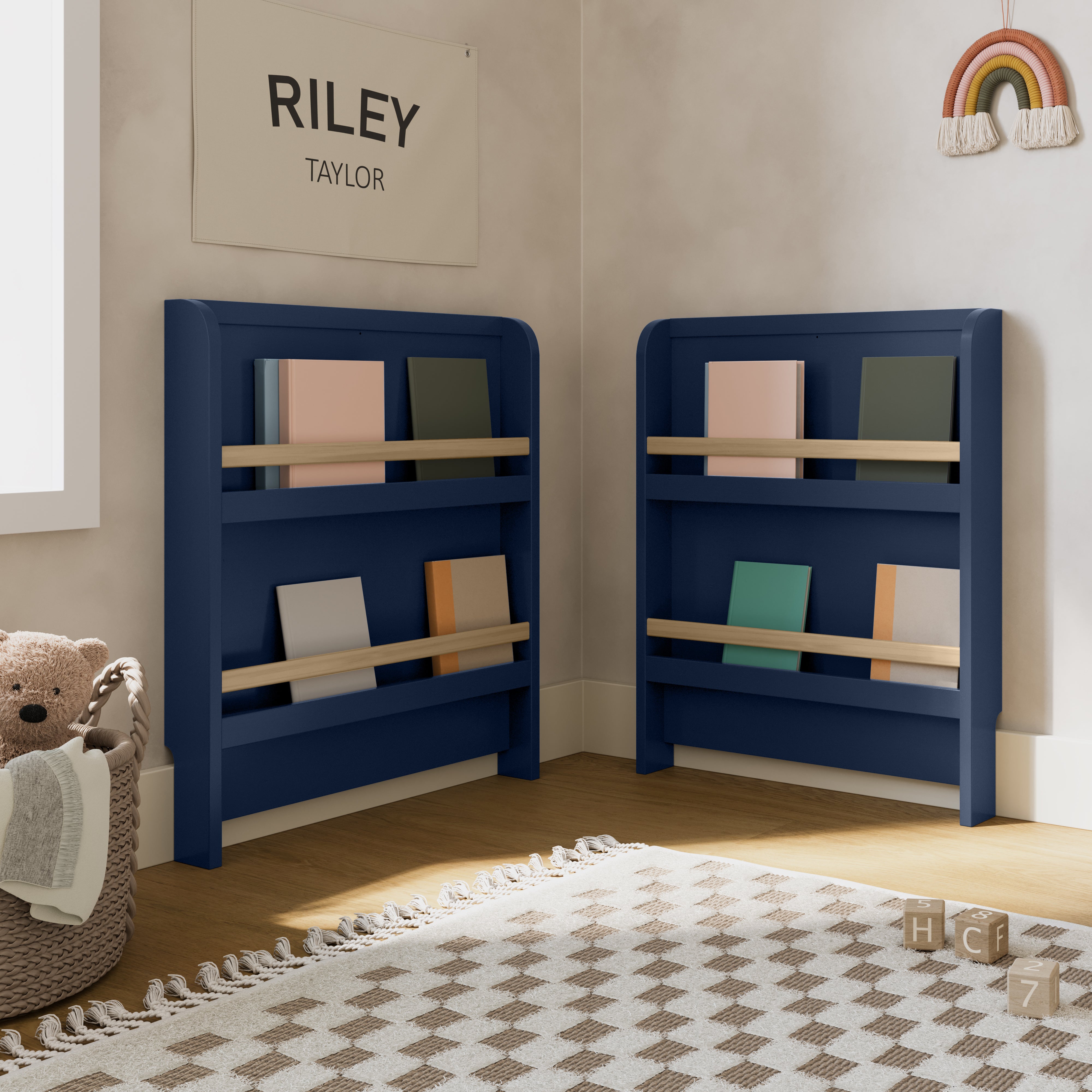 Read-with-me midnight blue with driftwood crib converted to two bookshelves in nursery