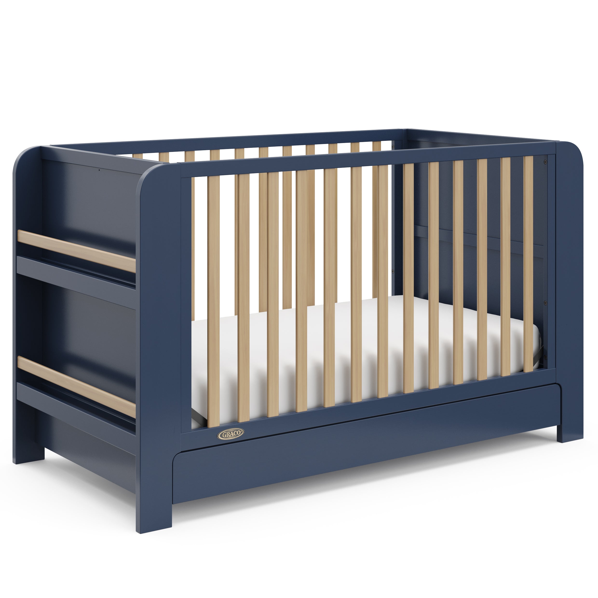 Graco Read-with-Me midnight blue with driftwood crib angle view