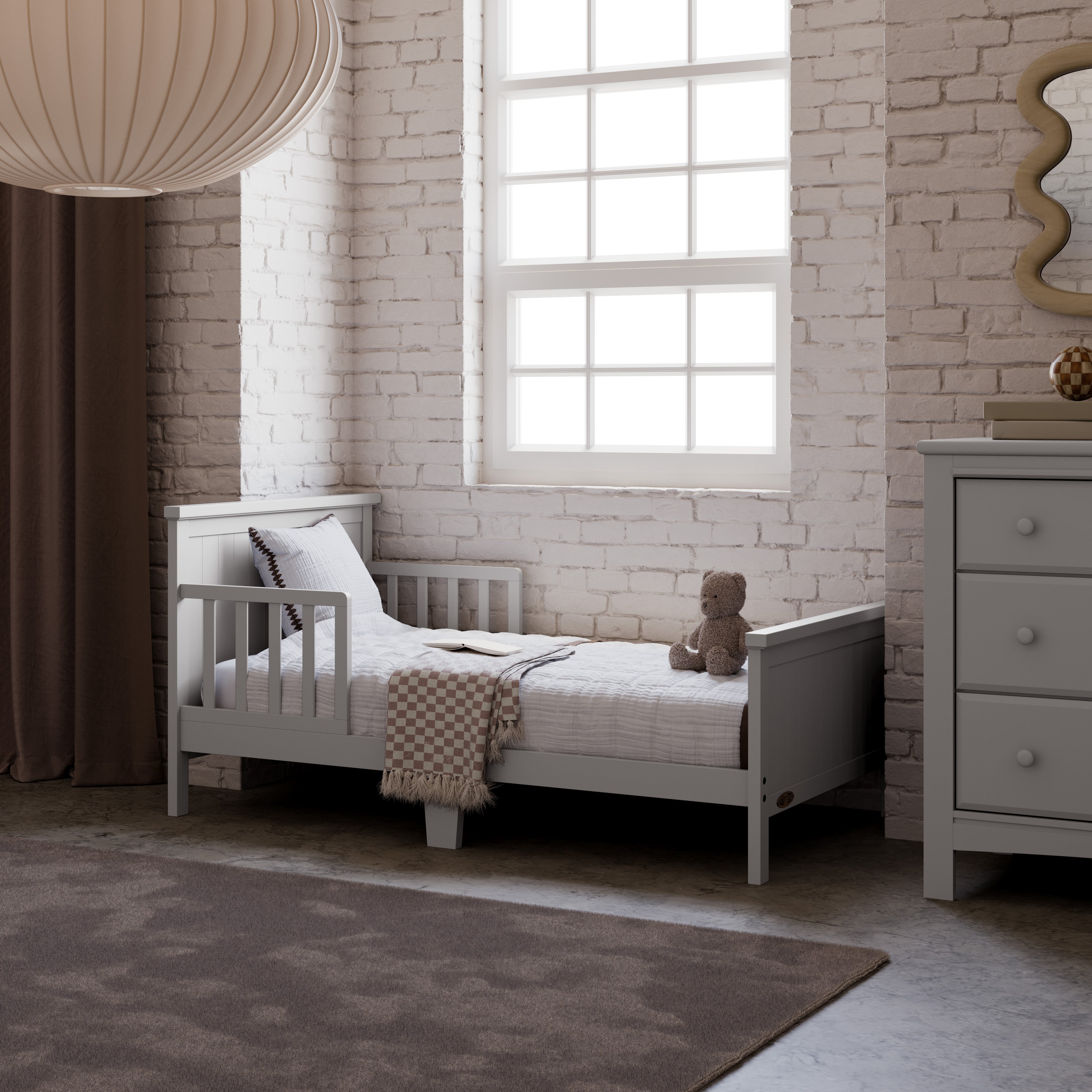 Bailey pebble gray toddler bed in kids room