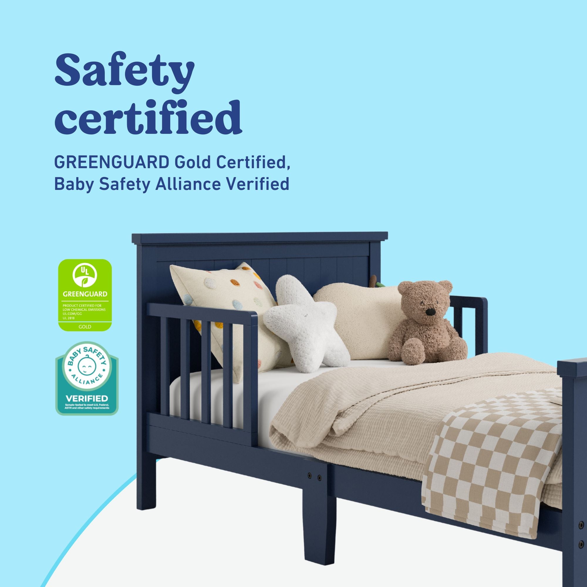 Graco Bailey midnight blue toddler bed certifications callout