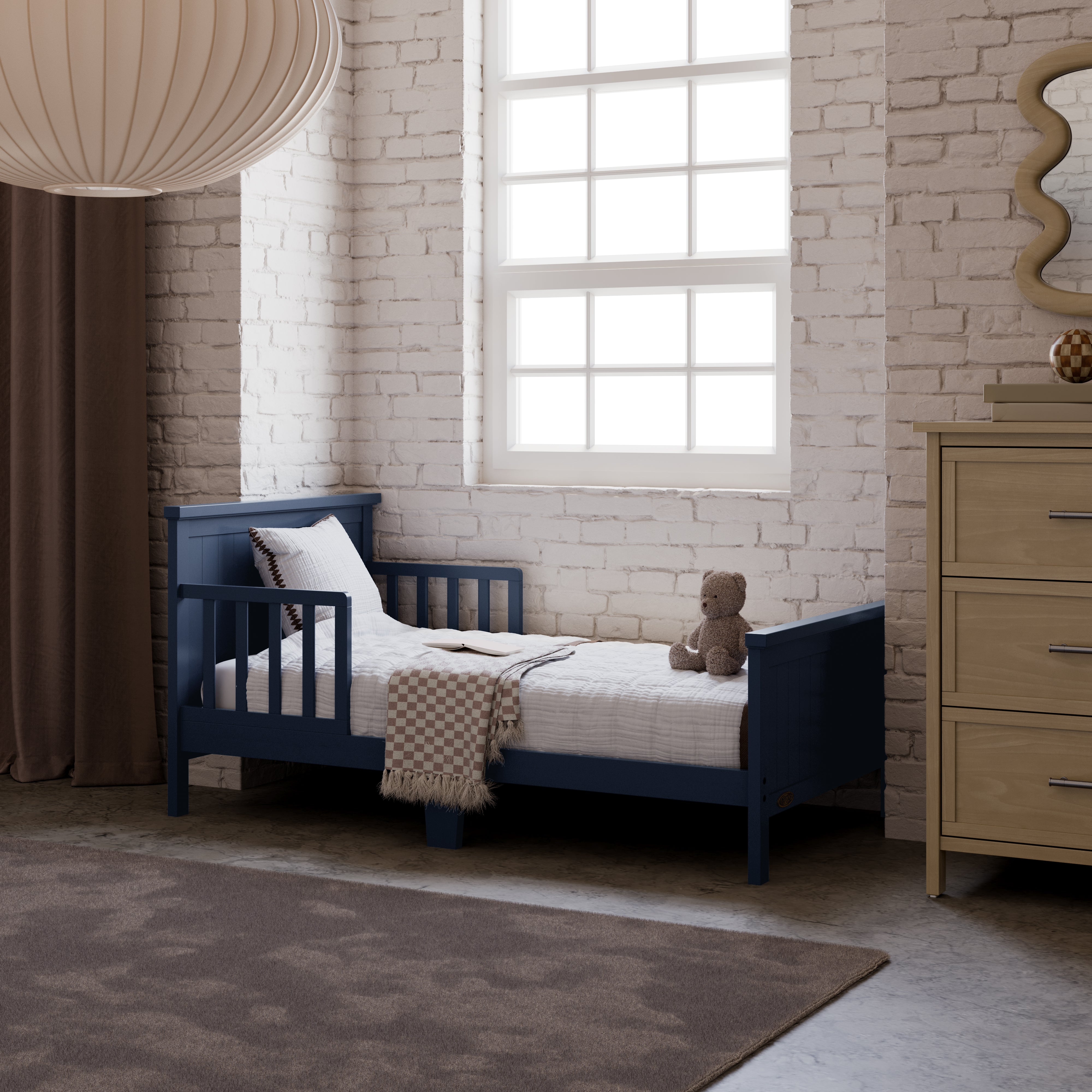 Bailey midnight blue toddler bed in kids room