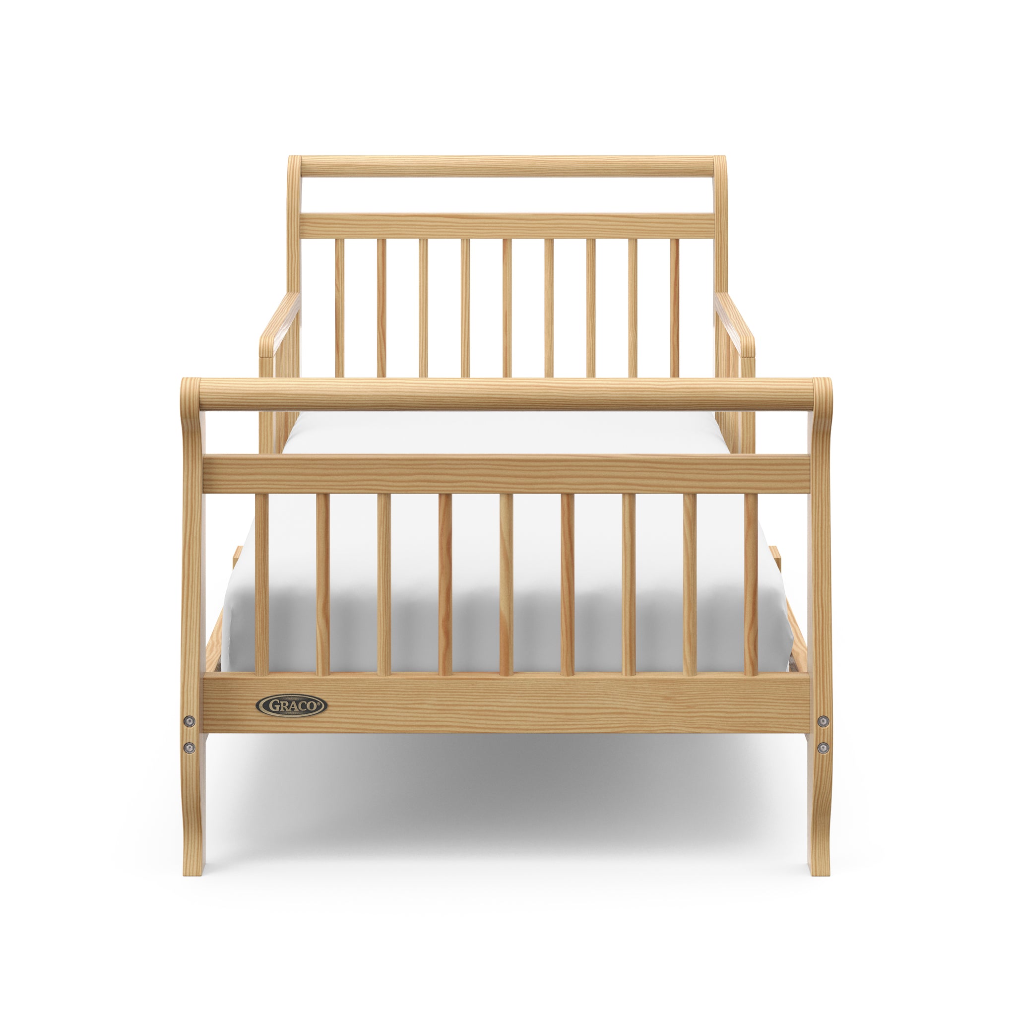 front view of natural toddler bed with guardrails
