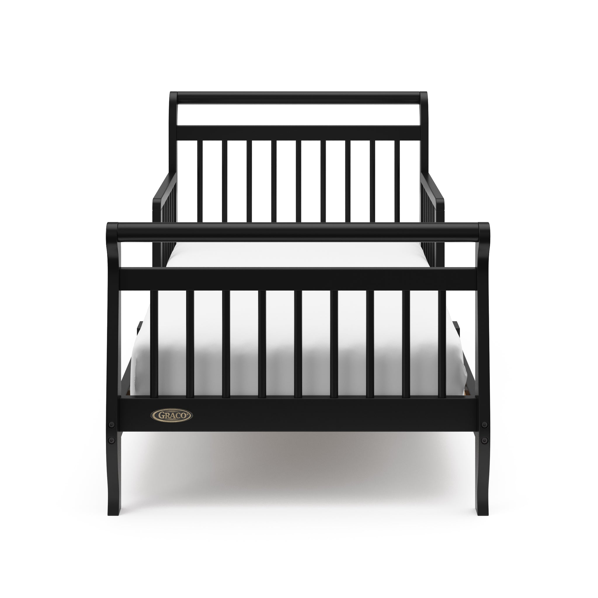 Front view of black toddler bed with guardrails