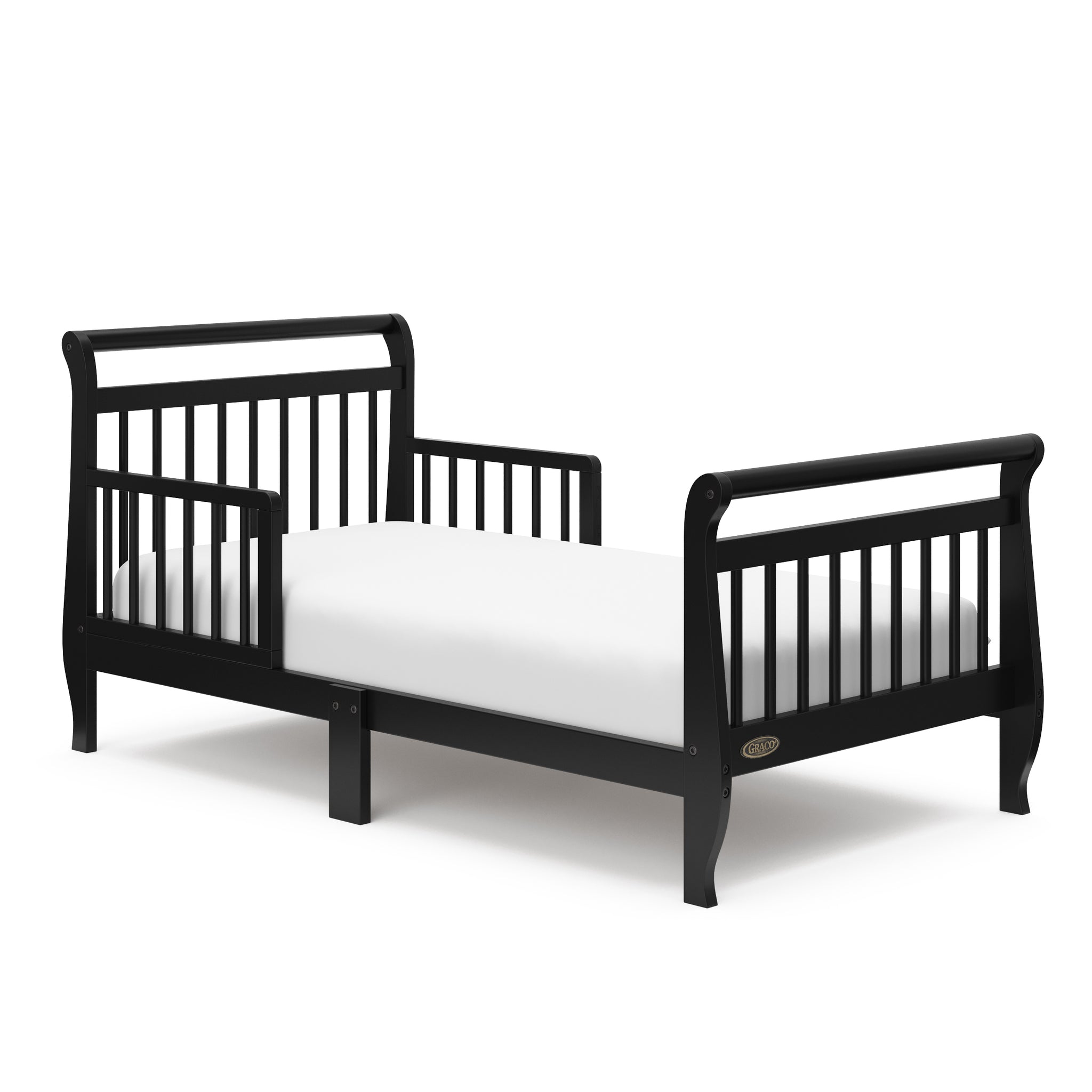 Black toddler bed with guardrails angled