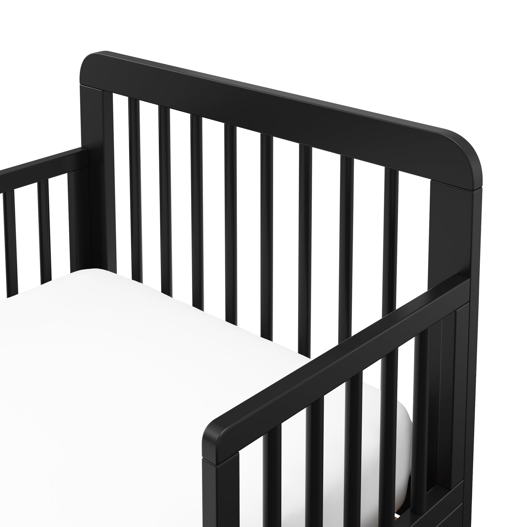 close-up view of black toddler bed