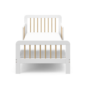 front view of white with driftwood toddler bed