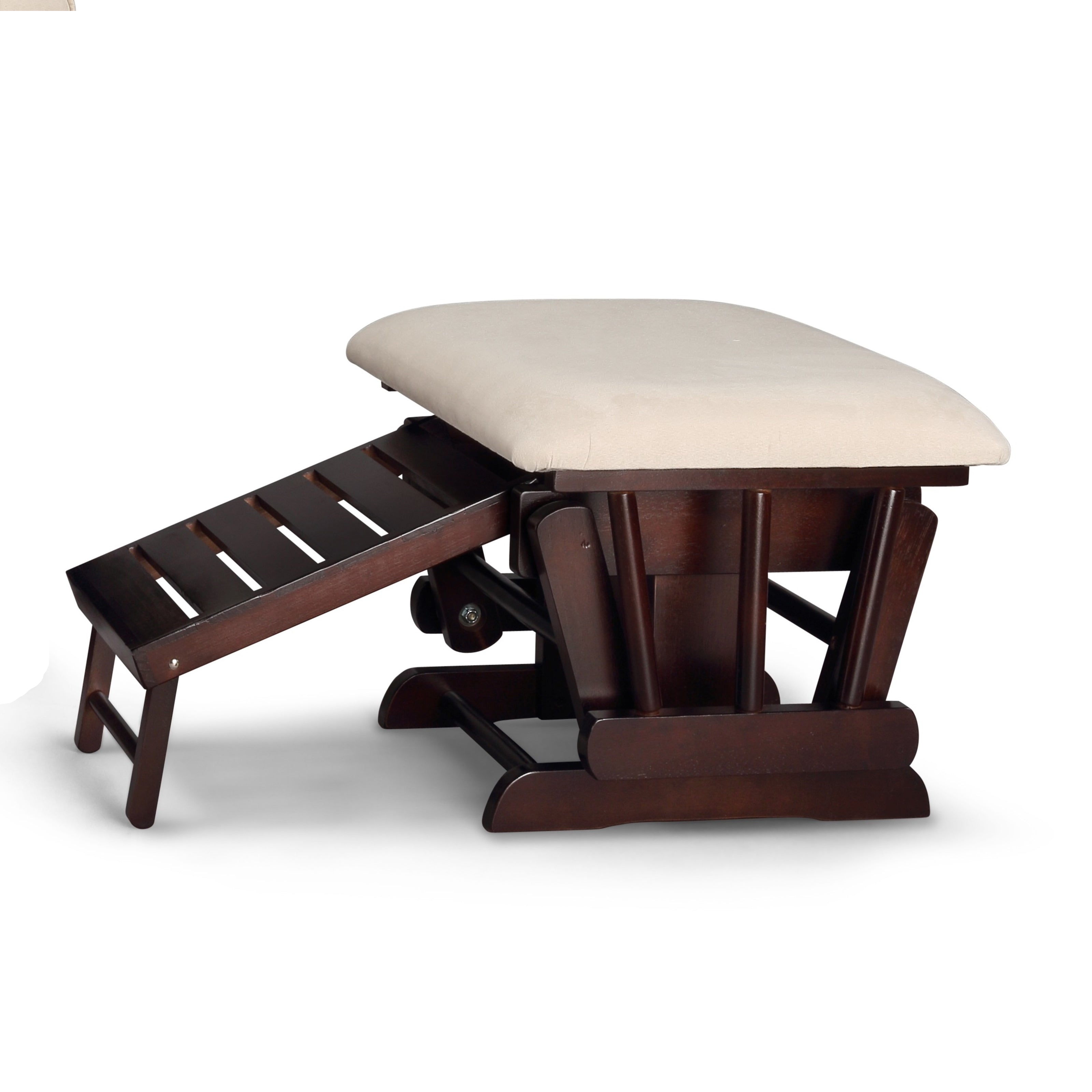 parker ottoman espresso frame with beige cushions and nursing stool pulled out