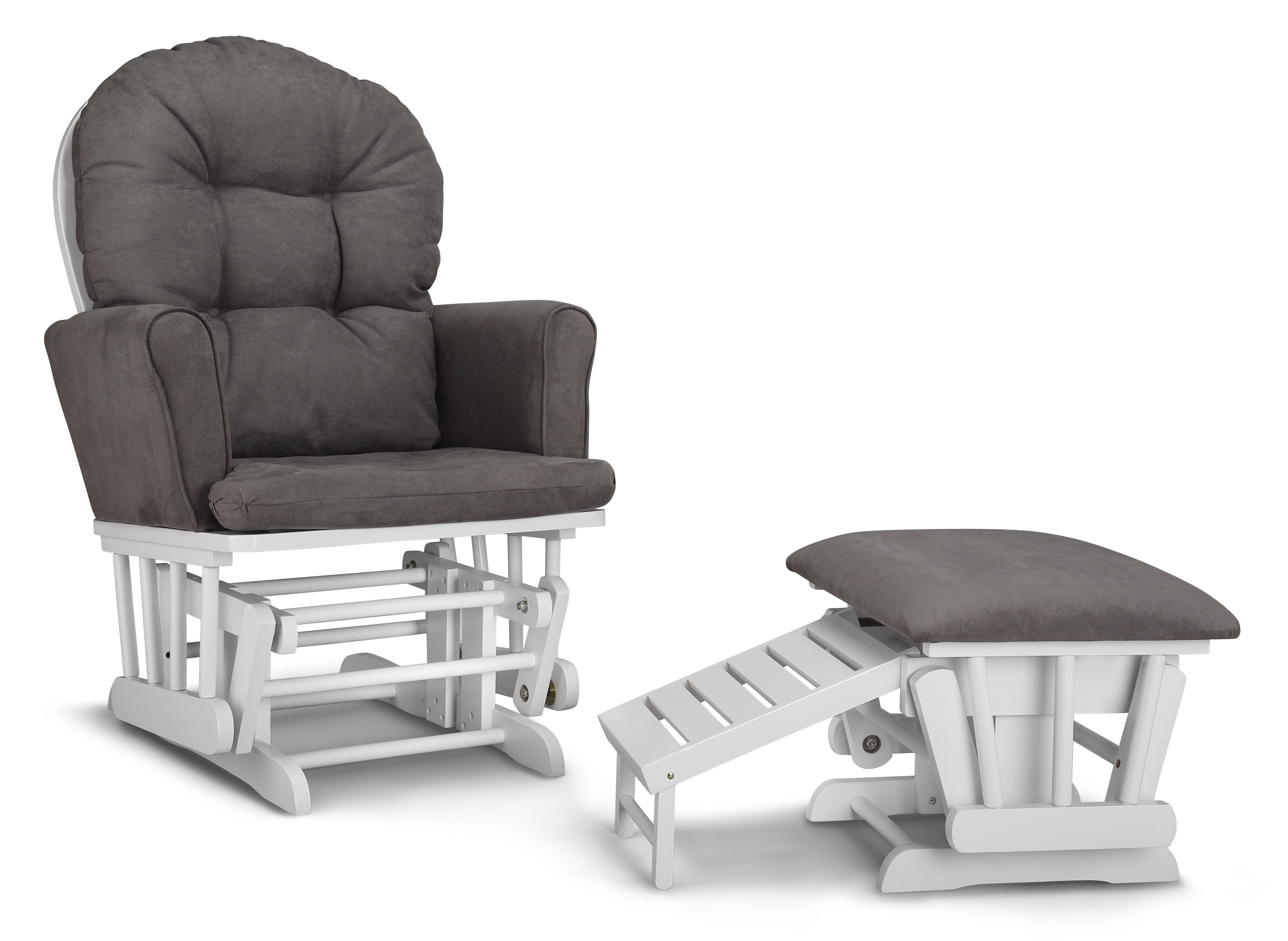 parker glider and ottoman white frame with gray cushions