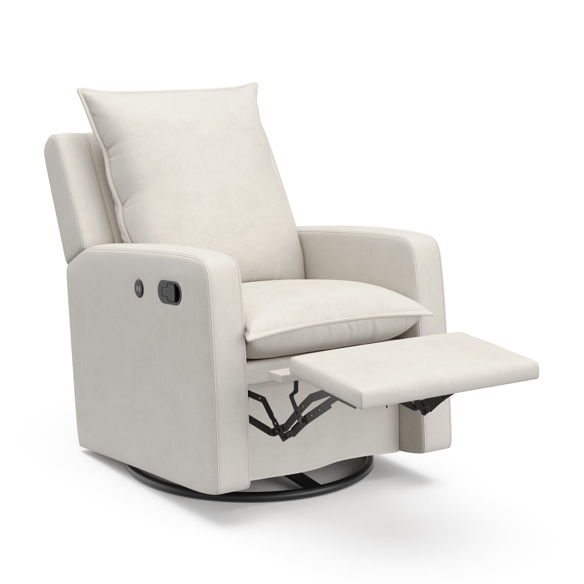an ivory reclining glider with an angled view and an extended footrest