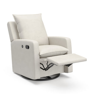 an ivory reclining glider with an angled view and an extended footrest