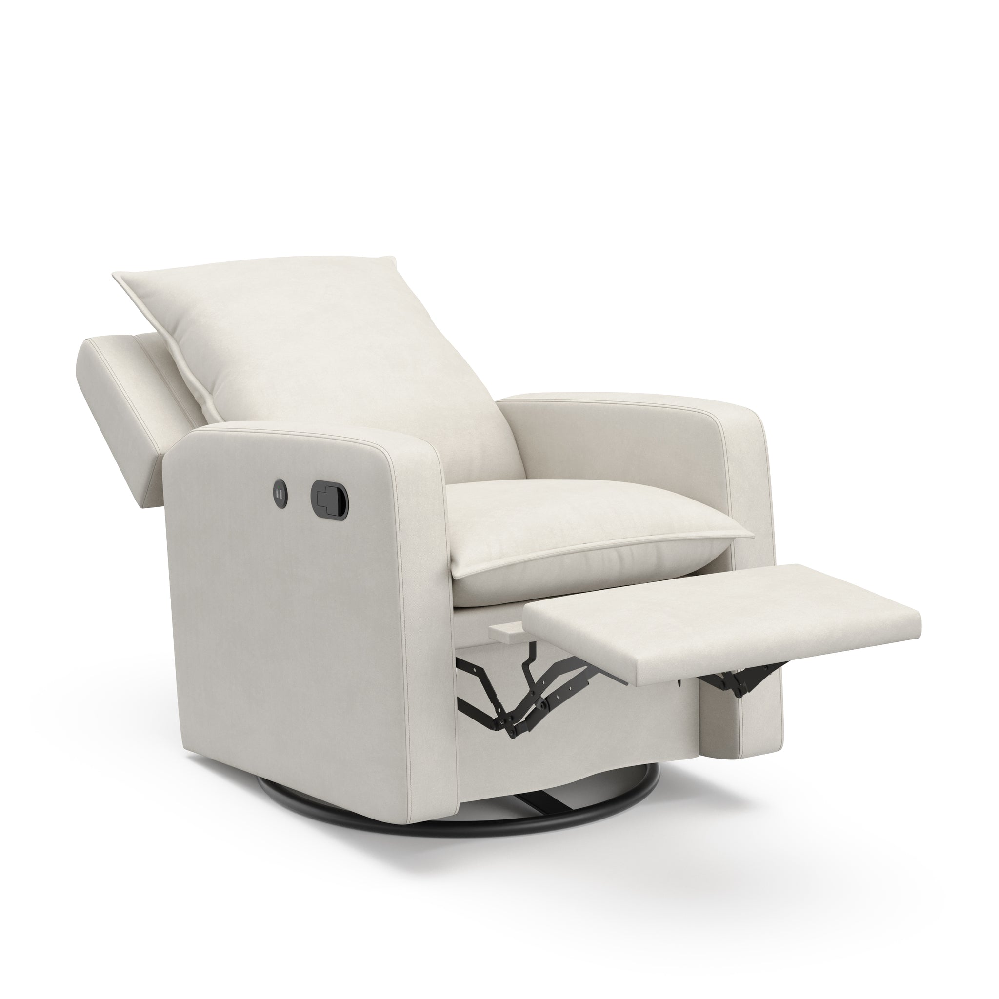 an ivory reclining glider with an angled view reclined, an extended footrest