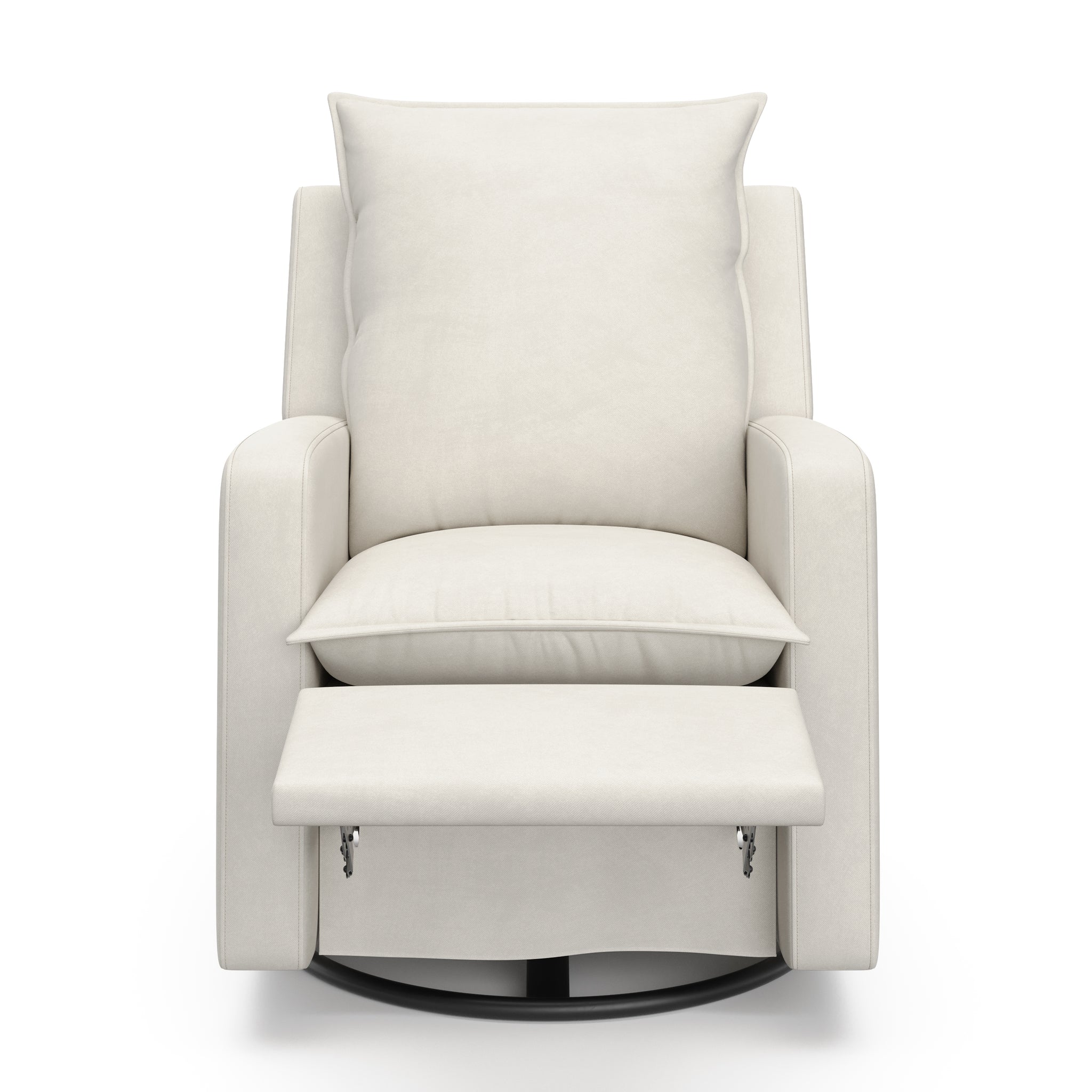 Front view of an ivory reclining glider with an extended footrest