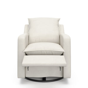 Front view of an ivory reclining glider, fully reclined, with an extended footrest