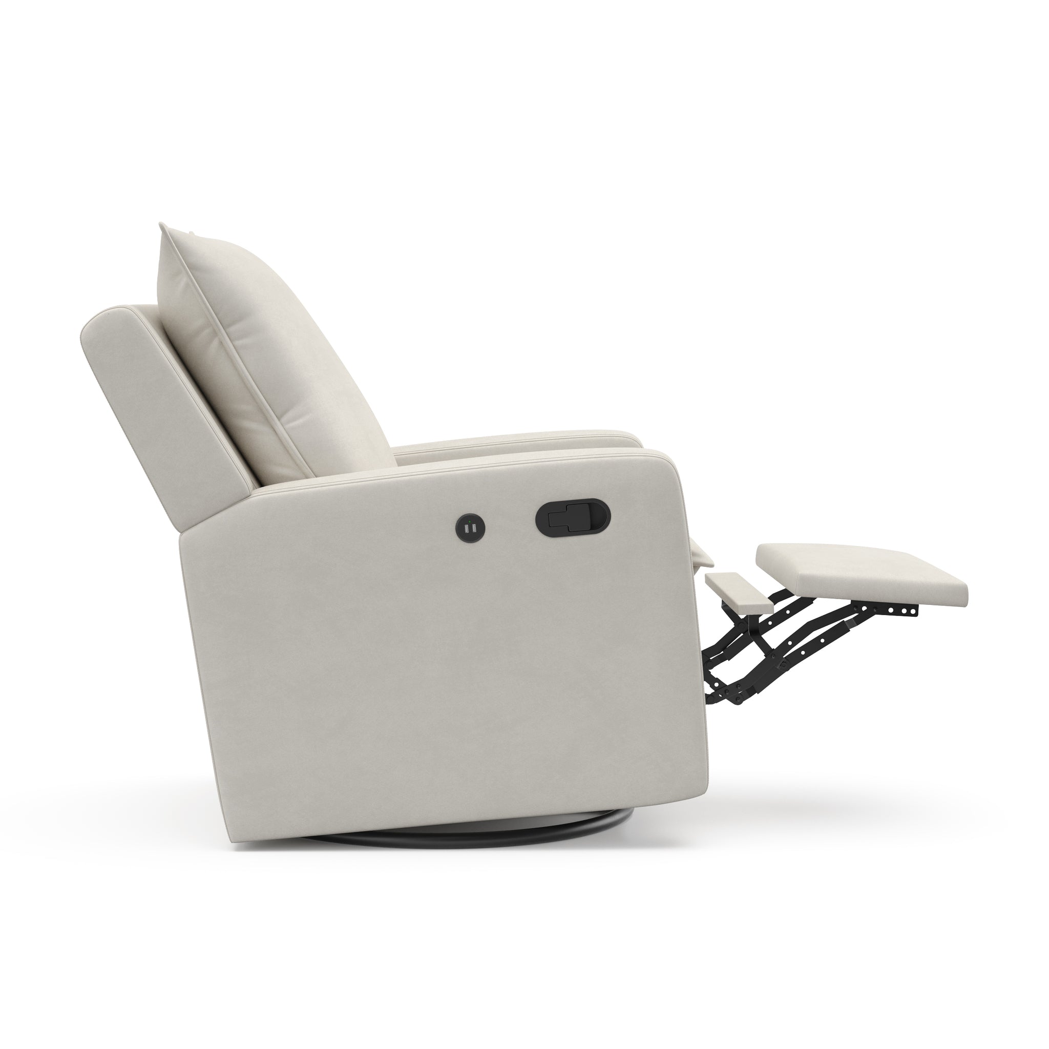 Side view of an ivory reclining glider with an extended footrest