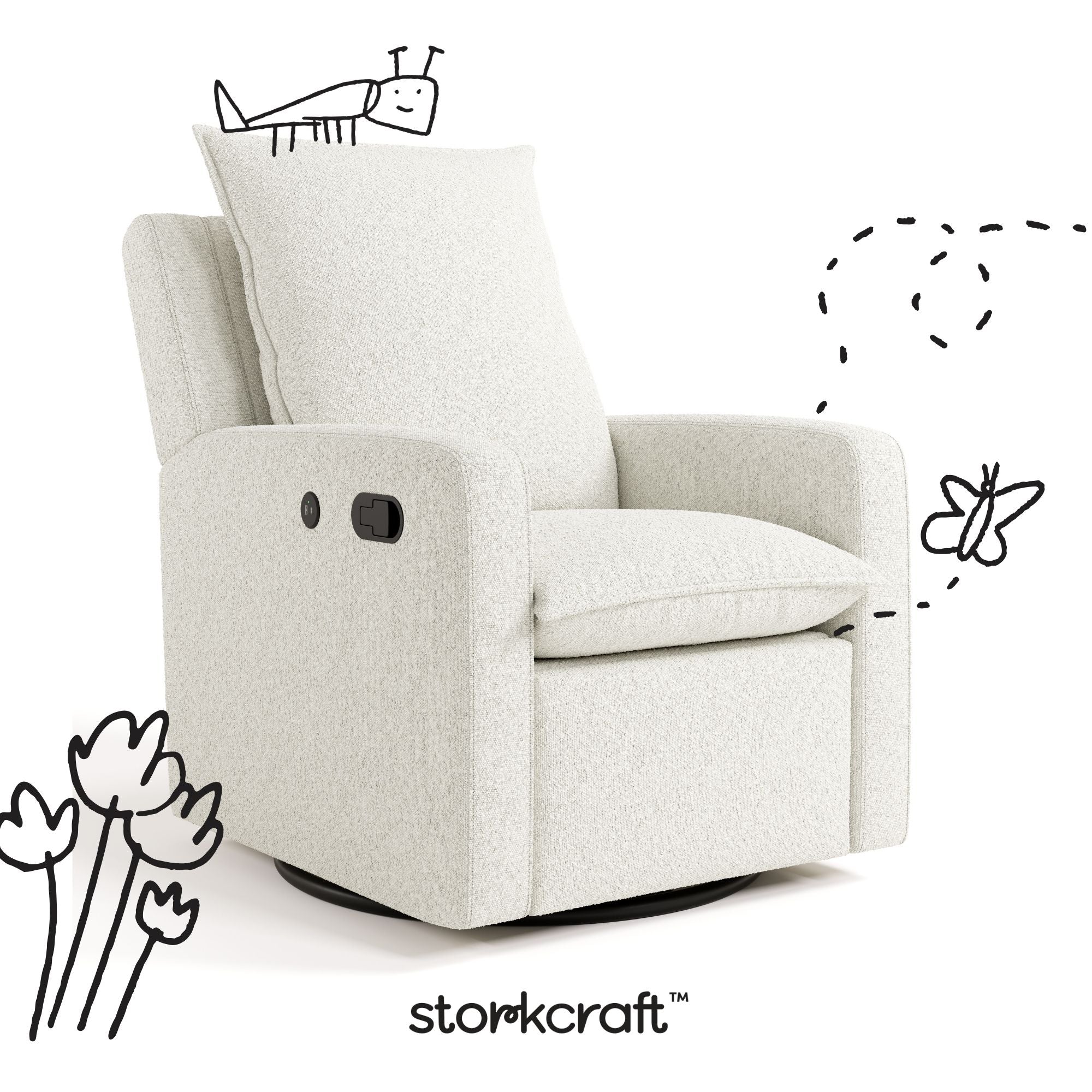 Timeless ivory boucle recliner with black doodles overlaid on image