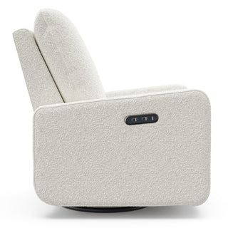 Side view of an ivory boucle reclining glider