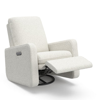 Angled view of an ivory boucle reclining glider in a reclined position.
