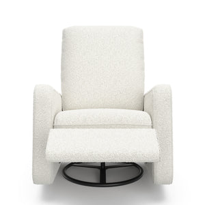Front view of an ivory boucle reclining glider in a reclined position.