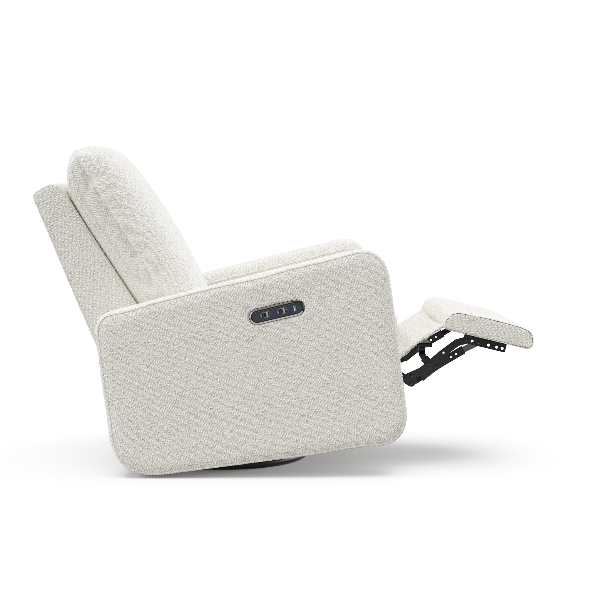 Side view of an ivory boucle reclining glider in a reclined position.