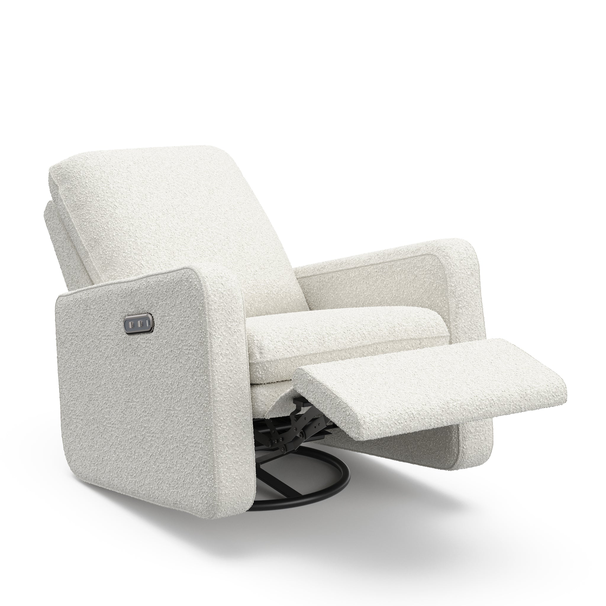Angled view of an ivory boucle reclining glider in a reclined position