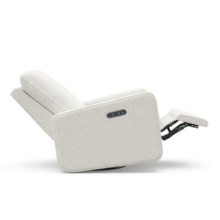 side view of an ivory boucle reclining glider in a reclined position.