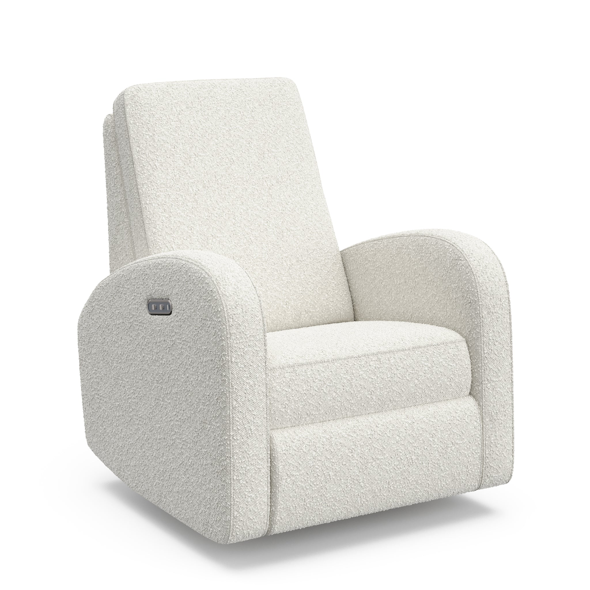 Angled view of an ivory boucle reclining glider
