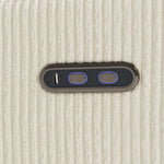 Santorini ivory corduroy power recliner USB port and power recline buttons closeup