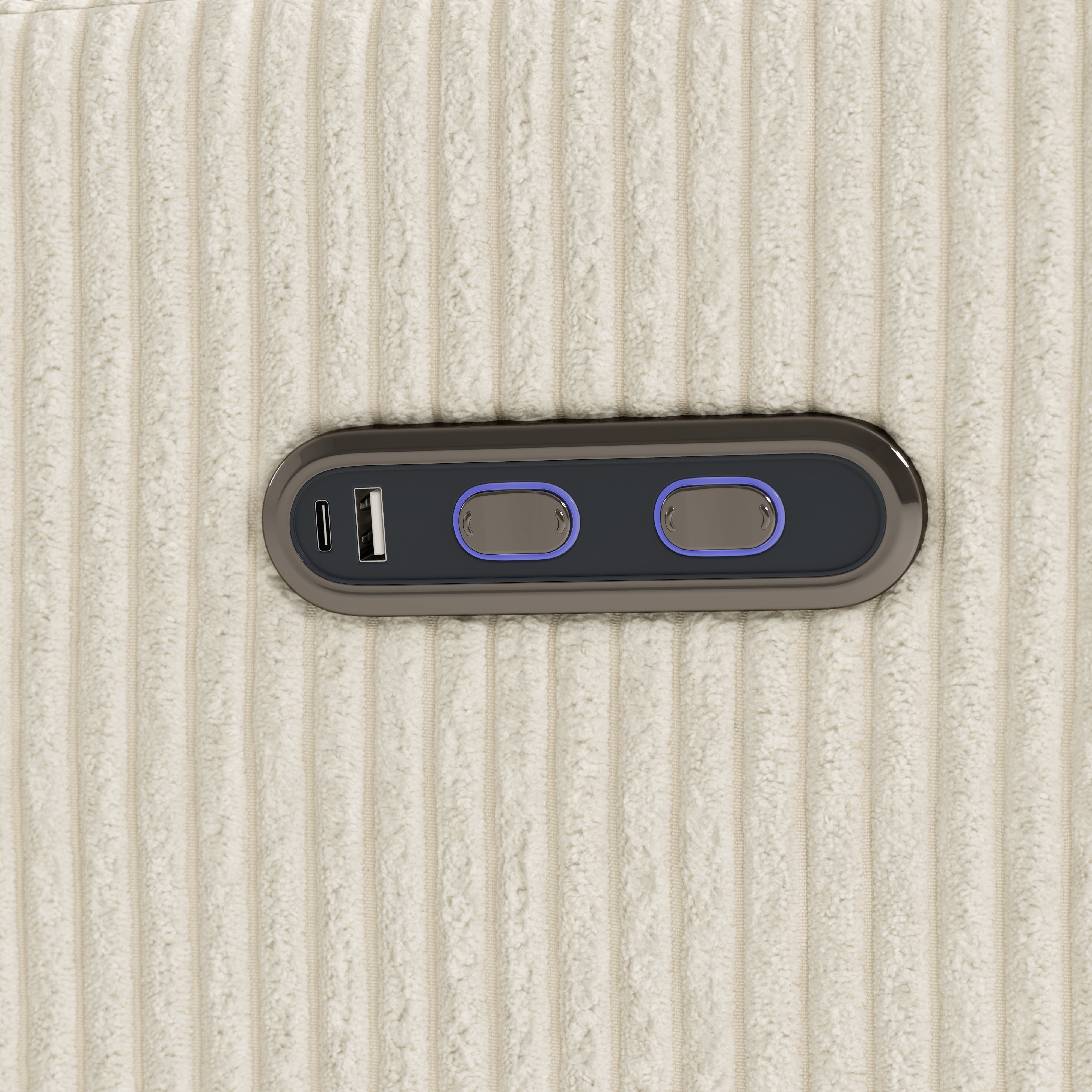 Santorini ivory corduroy power recliner USB port and power recline buttons closeup