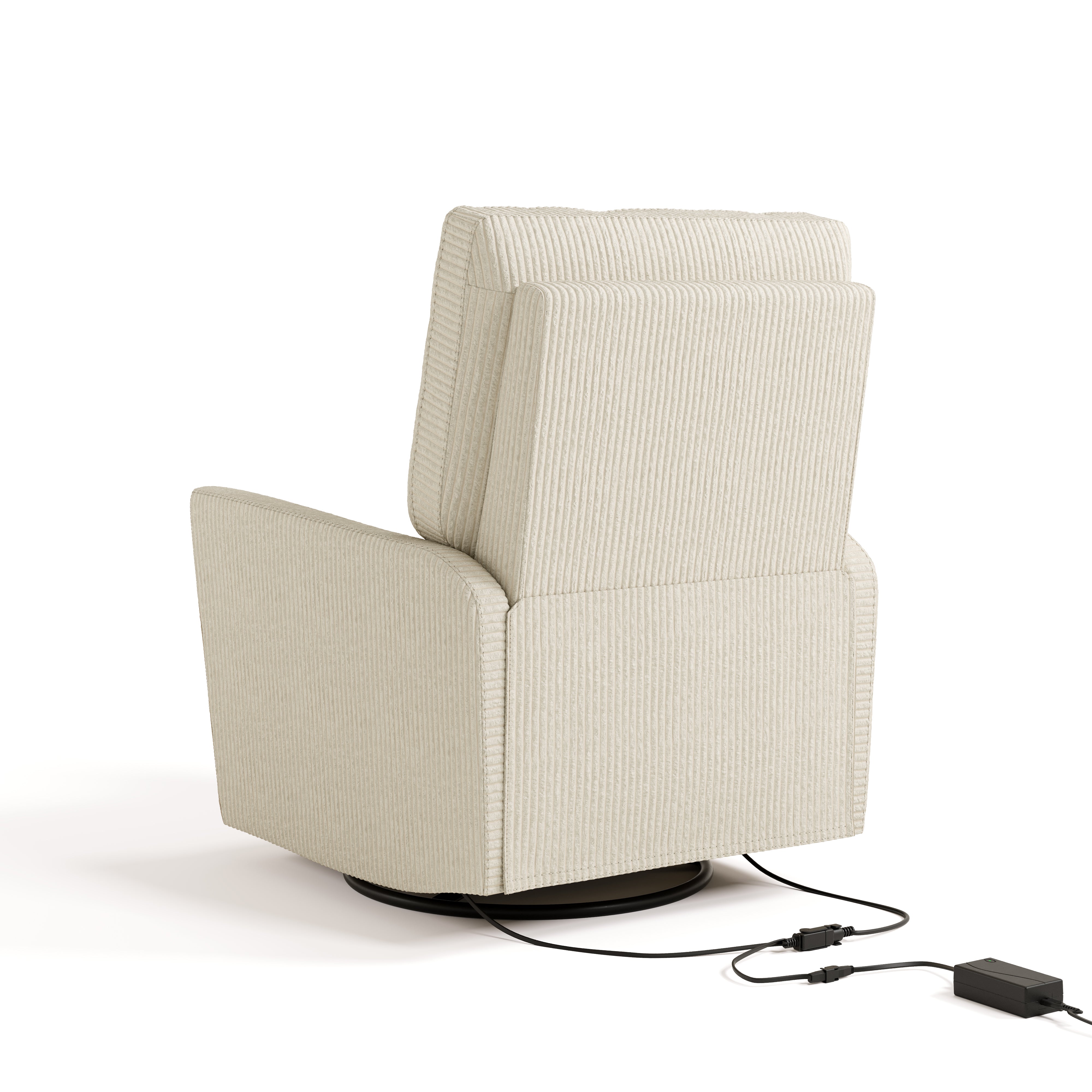 Santorini ivory corduroy power recliner back view with electrical cord