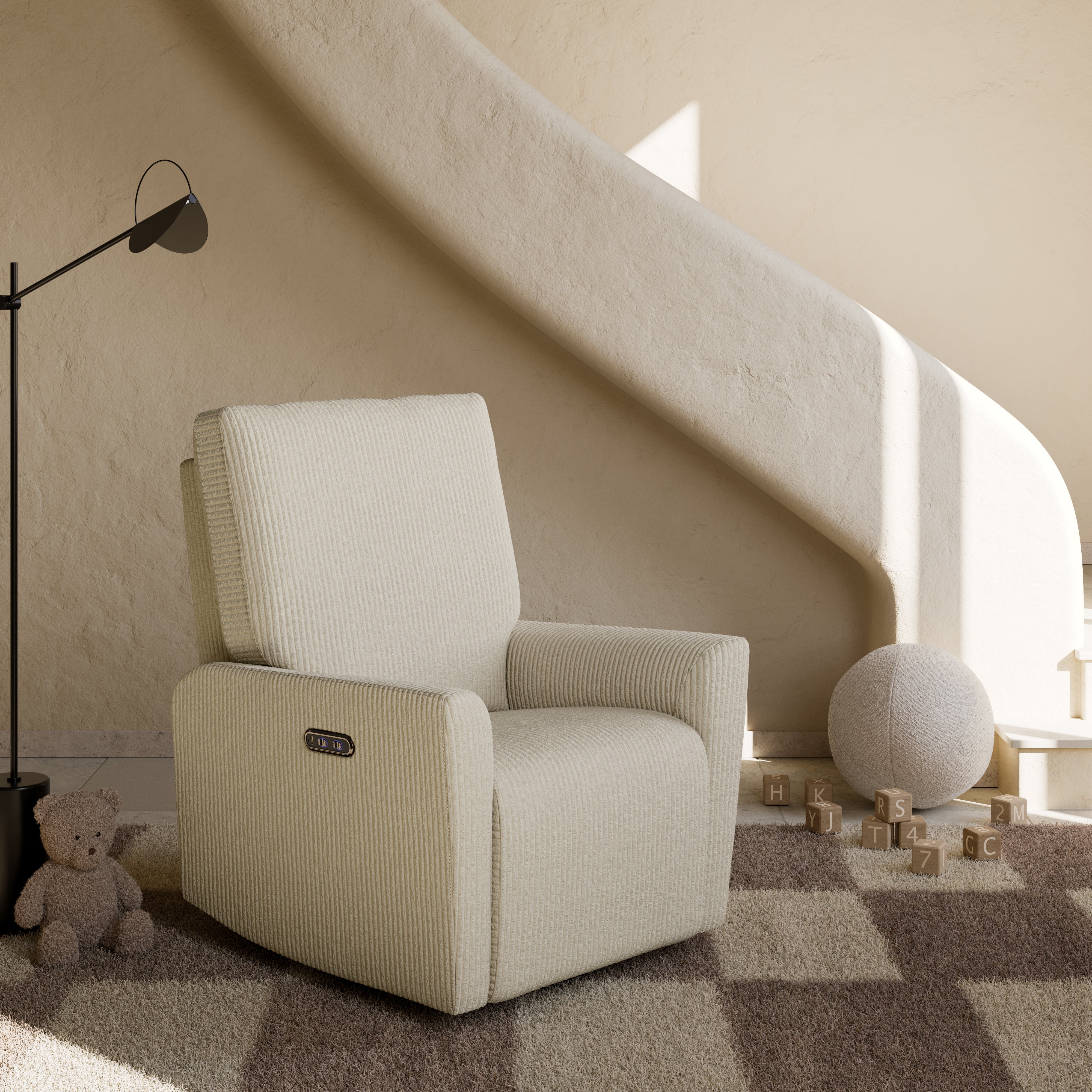 Santorini ivory corduroy power recliner in nursery