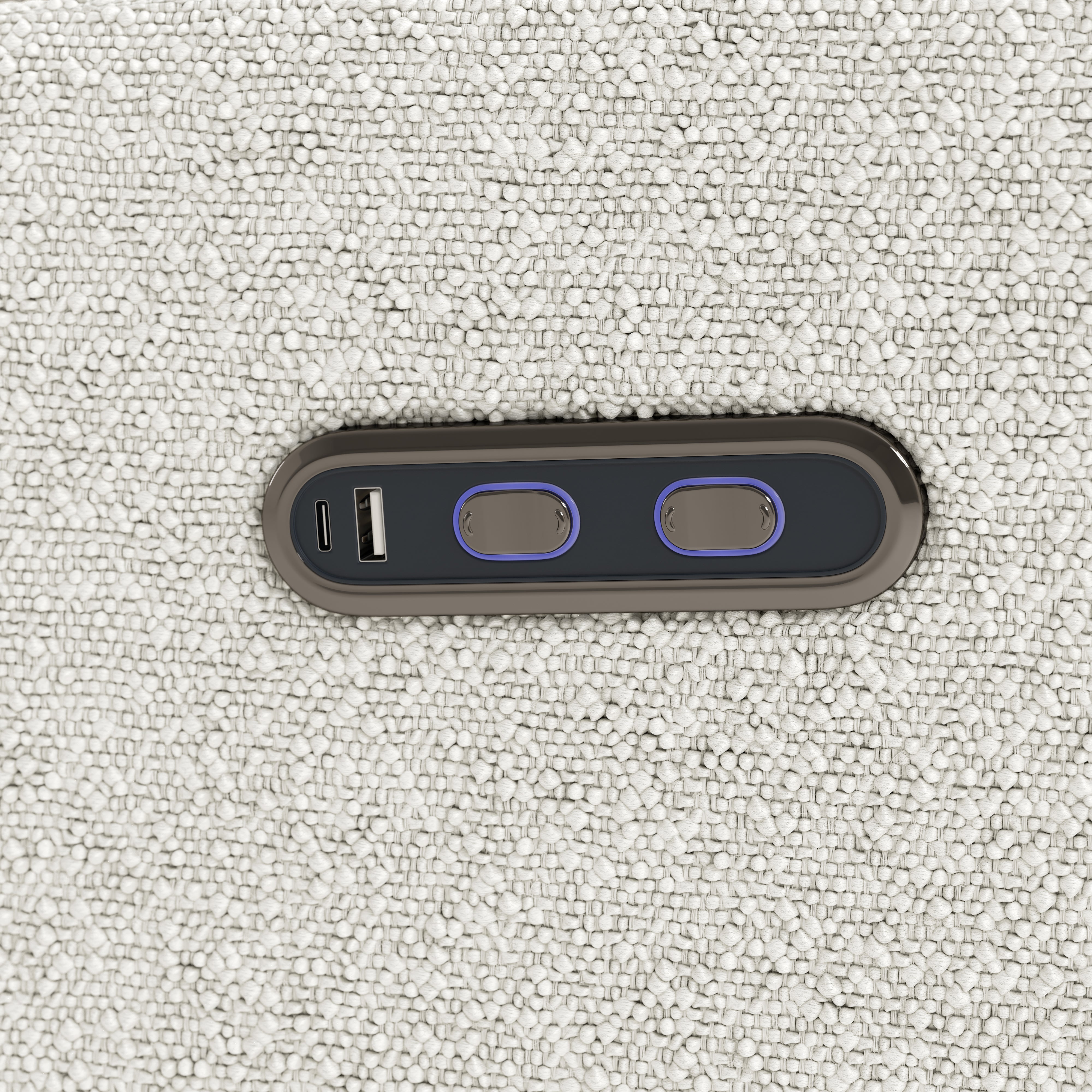 Santorini ivory boucle power recliner USB port and power recline buttons closeup