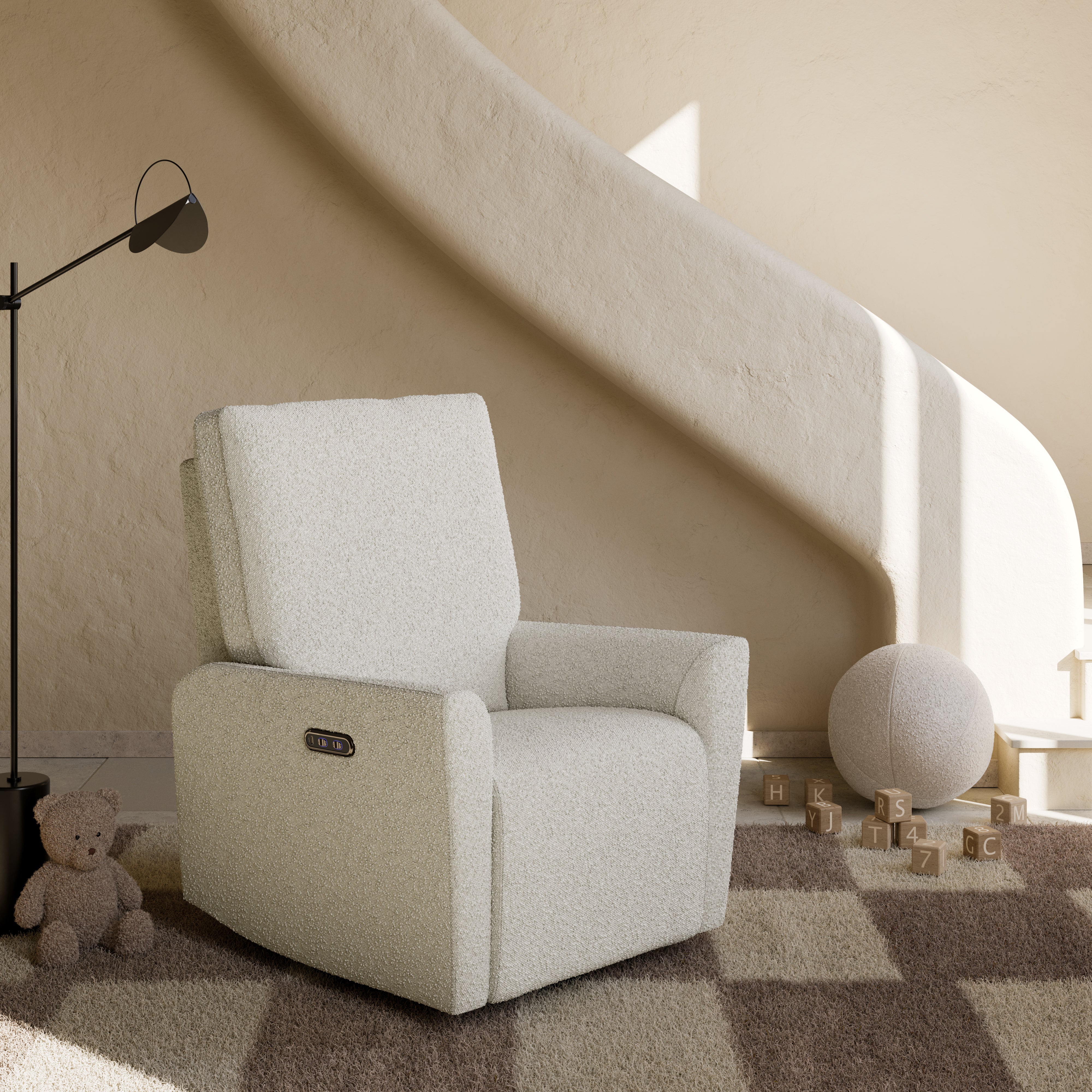Santorini ivory boucle power recliner in nursery