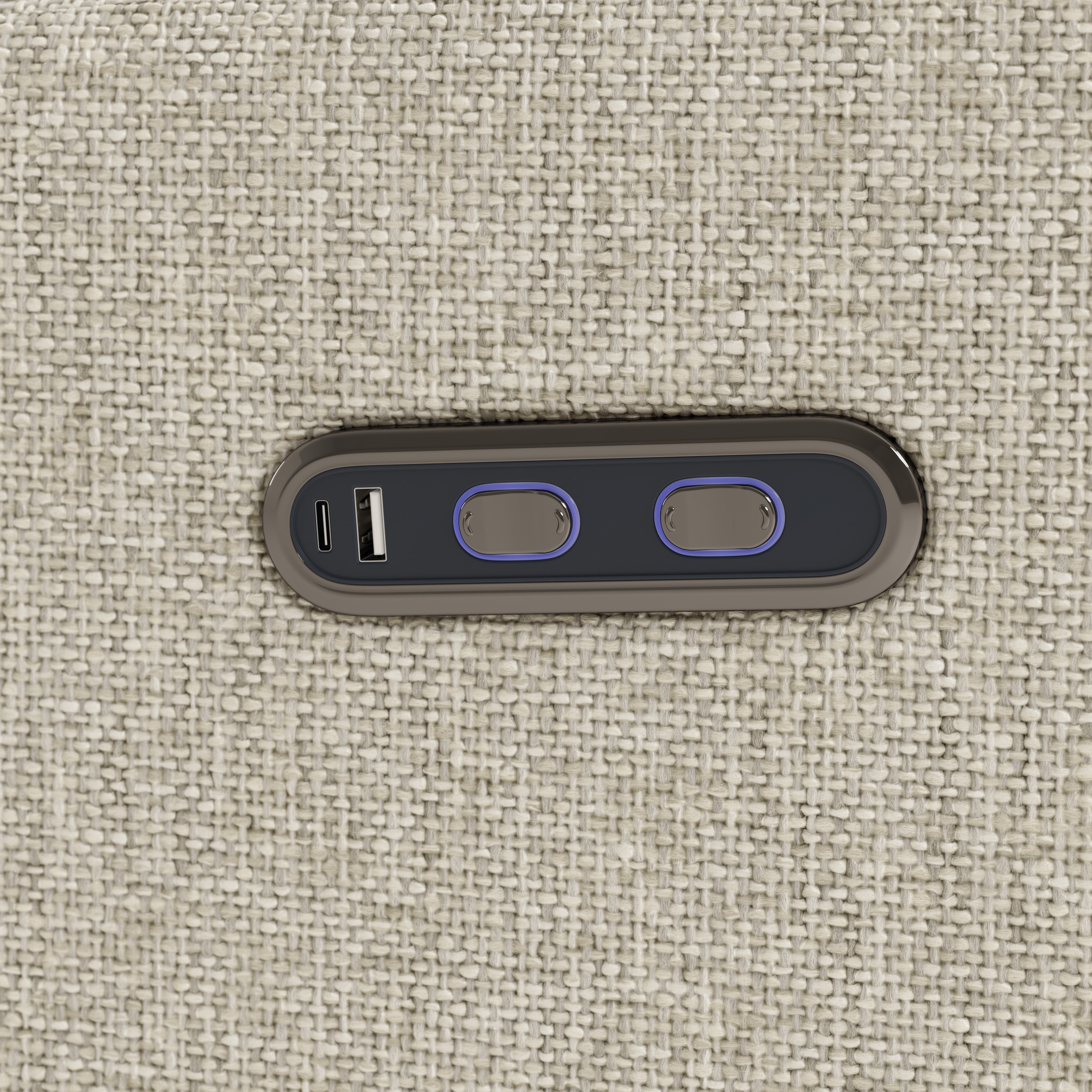 Santorini dune basketweave power recliner USB port and power recline buttons closeup