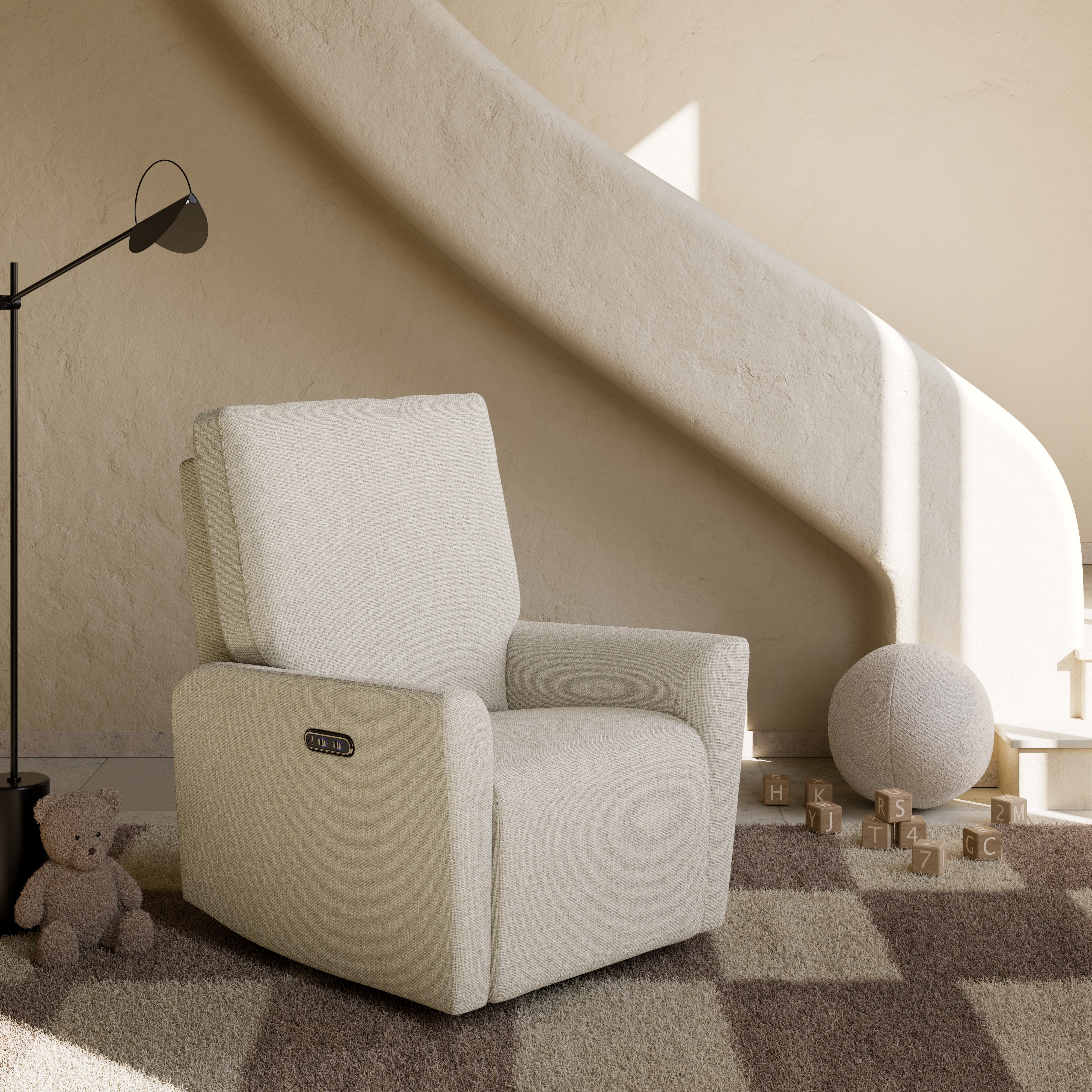 Santorini dune basketweave power recliner in nursery