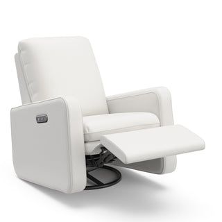 Angled view of an ivory basketweave reclining glider in a reclined position