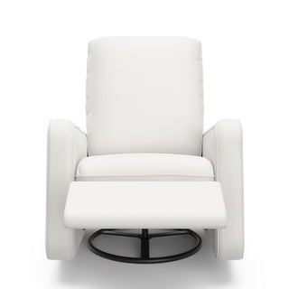 Front view of an ivory basketweave reclining glider in a reclined position