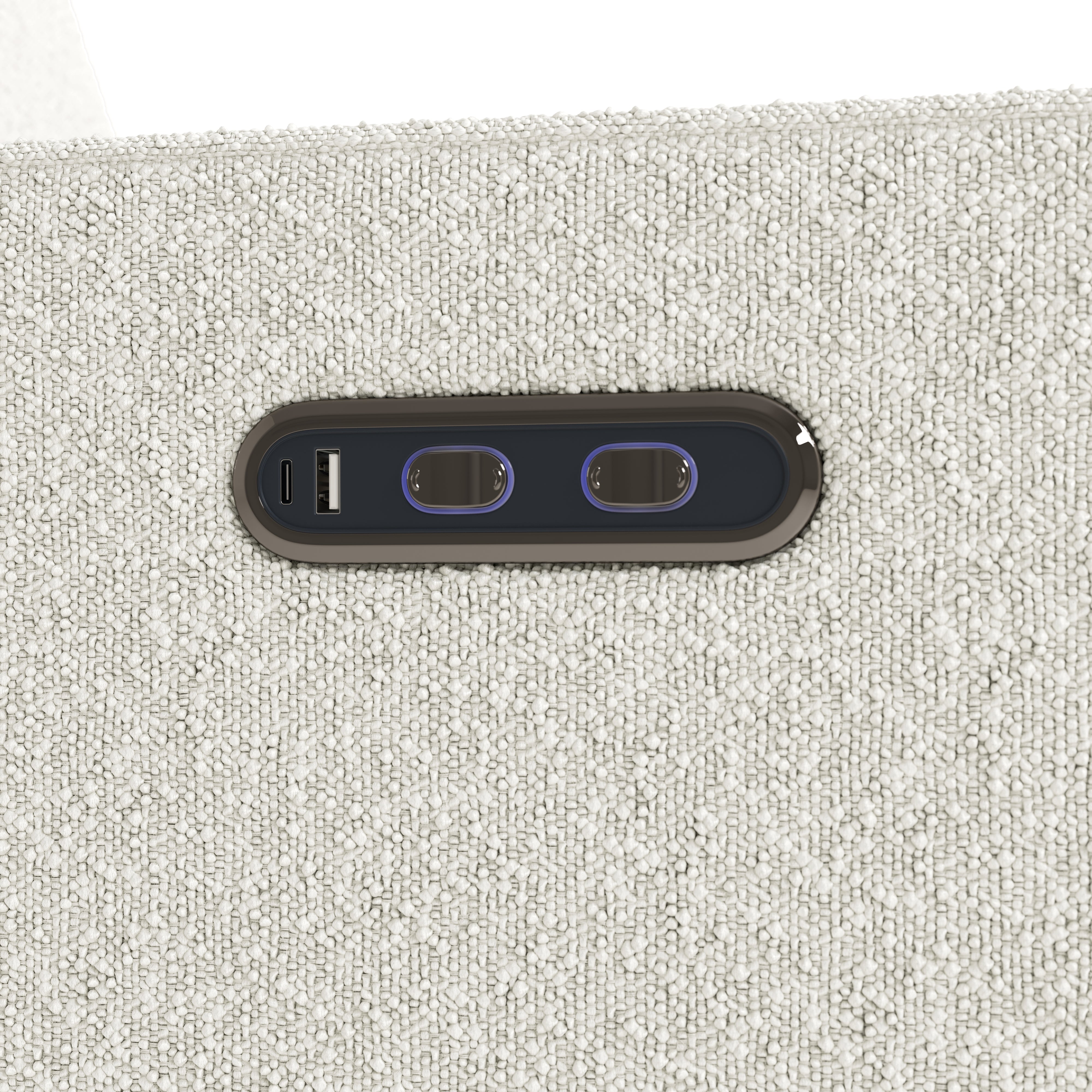 Close up of power buttons and dual USB ports on Olivia Power Recliner in Ivory Boucle