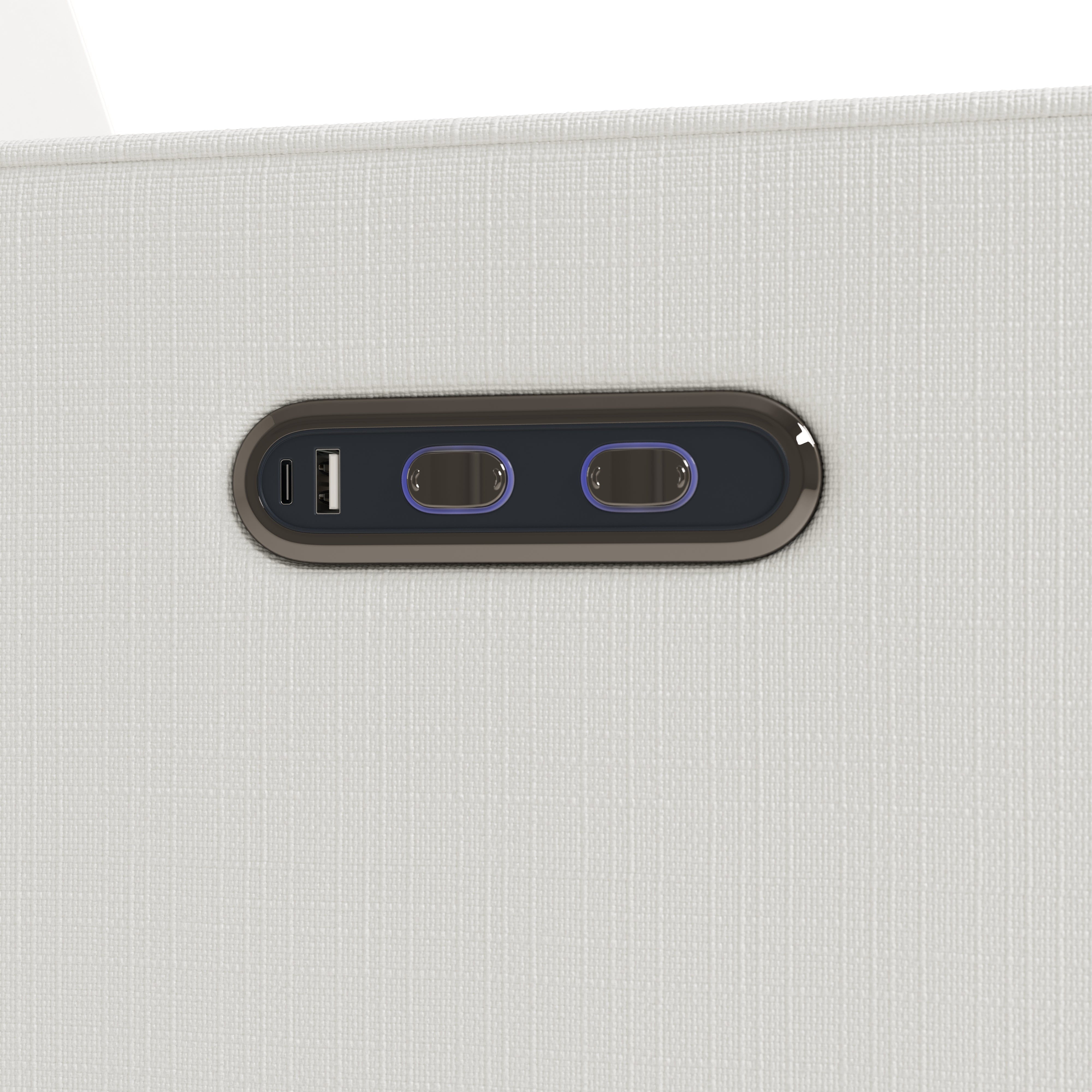 Close up of power buttons and dual USB ports on Olivia Power Recliner in Ivory Basketweave