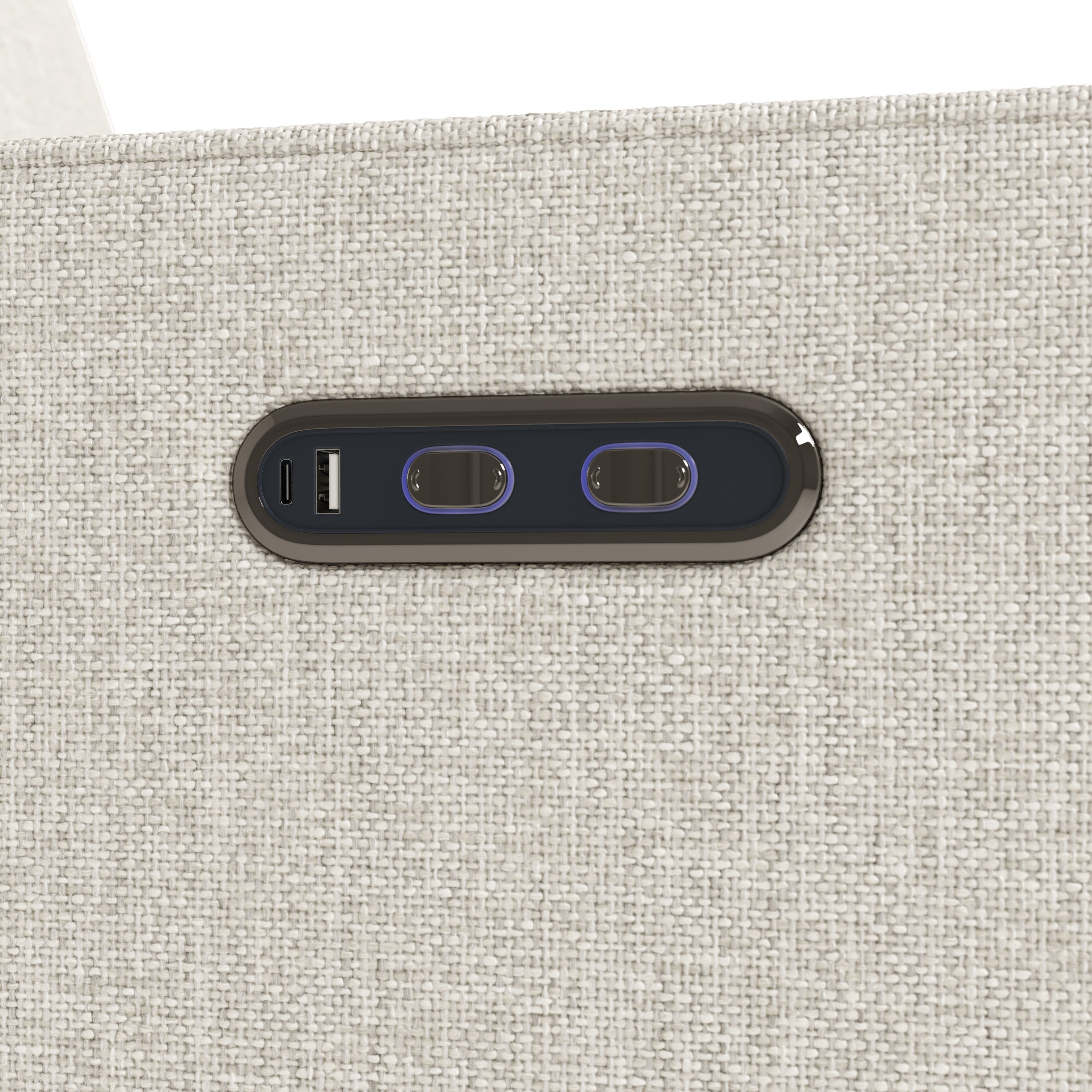 Close up of power buttons and dual USB ports on Olivia Power Recliner in Dune Basketweave