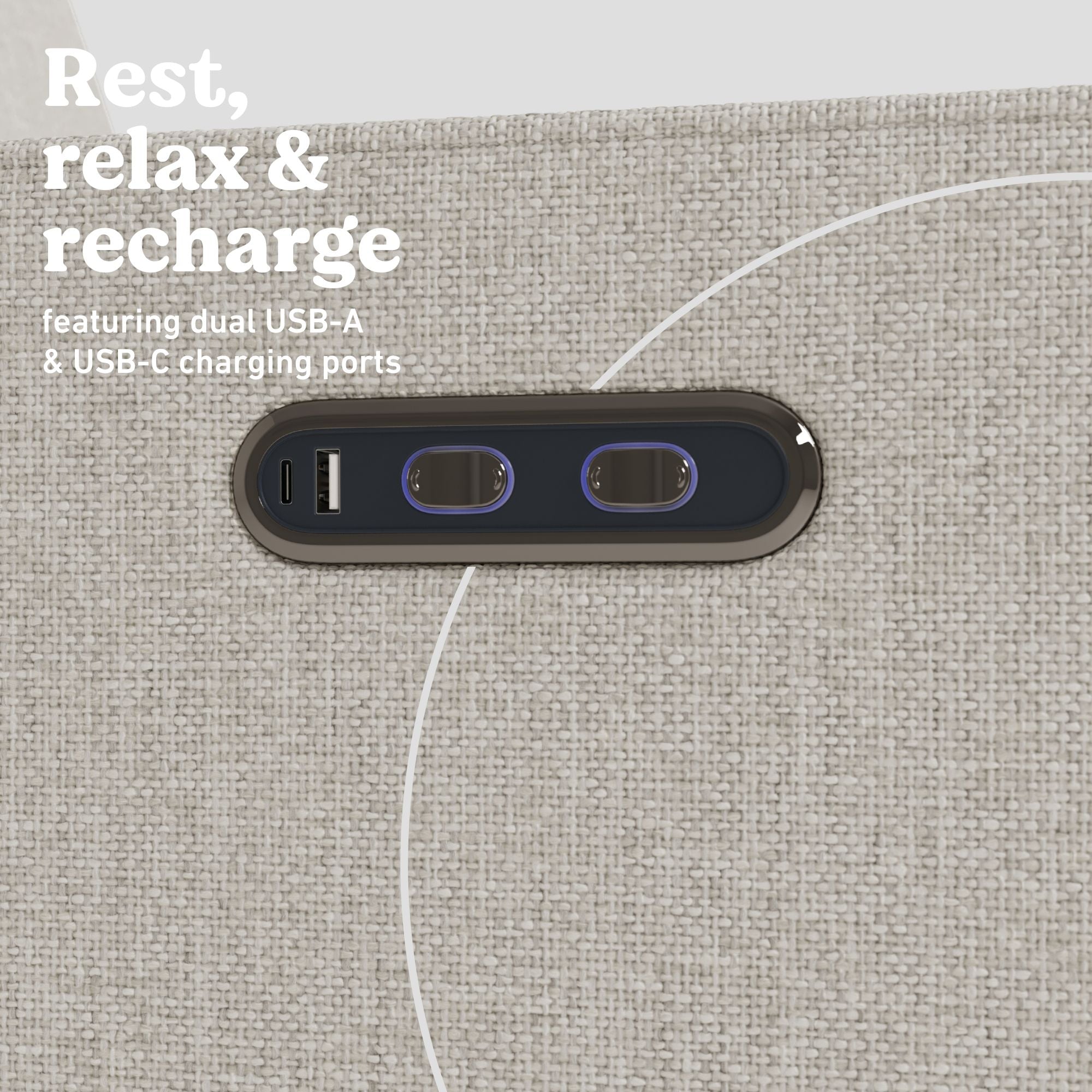 Olivia Power Recliner in Dune Basketweave dual USB ports callout