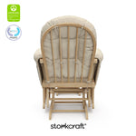 hoop glider natural frame with beige cushions with GGG and PTPA logos on top left