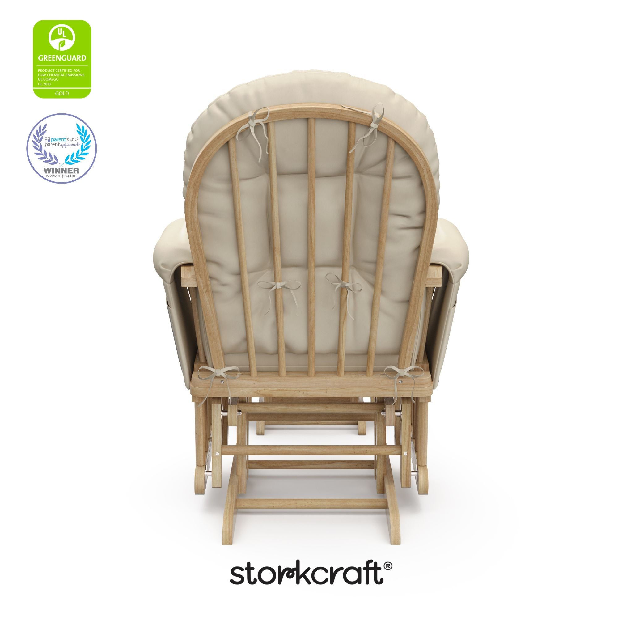 hoop glider natural frame with beige cushions with GGG and PTPA logos on top left