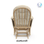 hoop glider natural base with beige cushions and ottoman back view with PTPA logo on top right