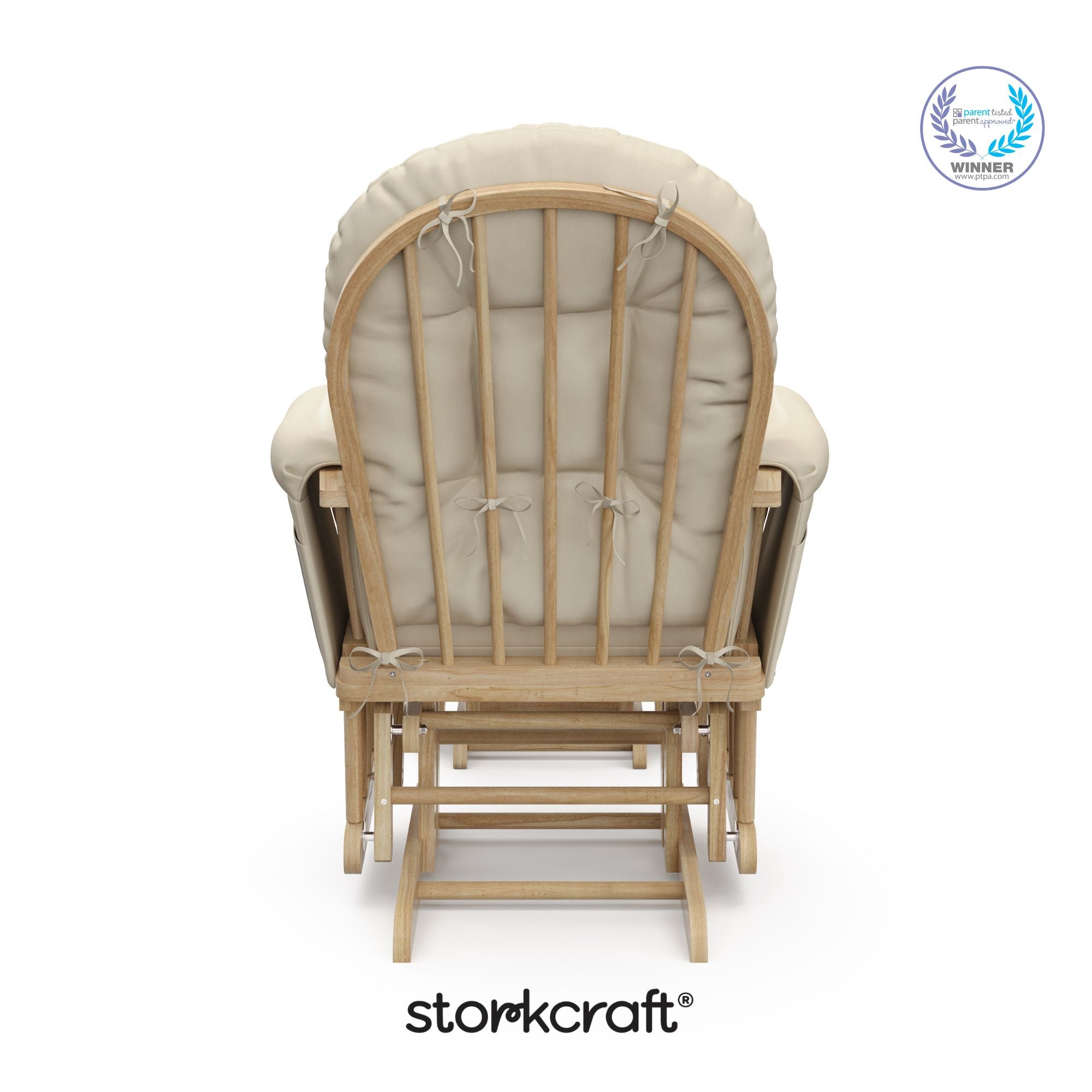 hoop glider natural base with beige cushions and ottoman back view with PTPA logo on top right