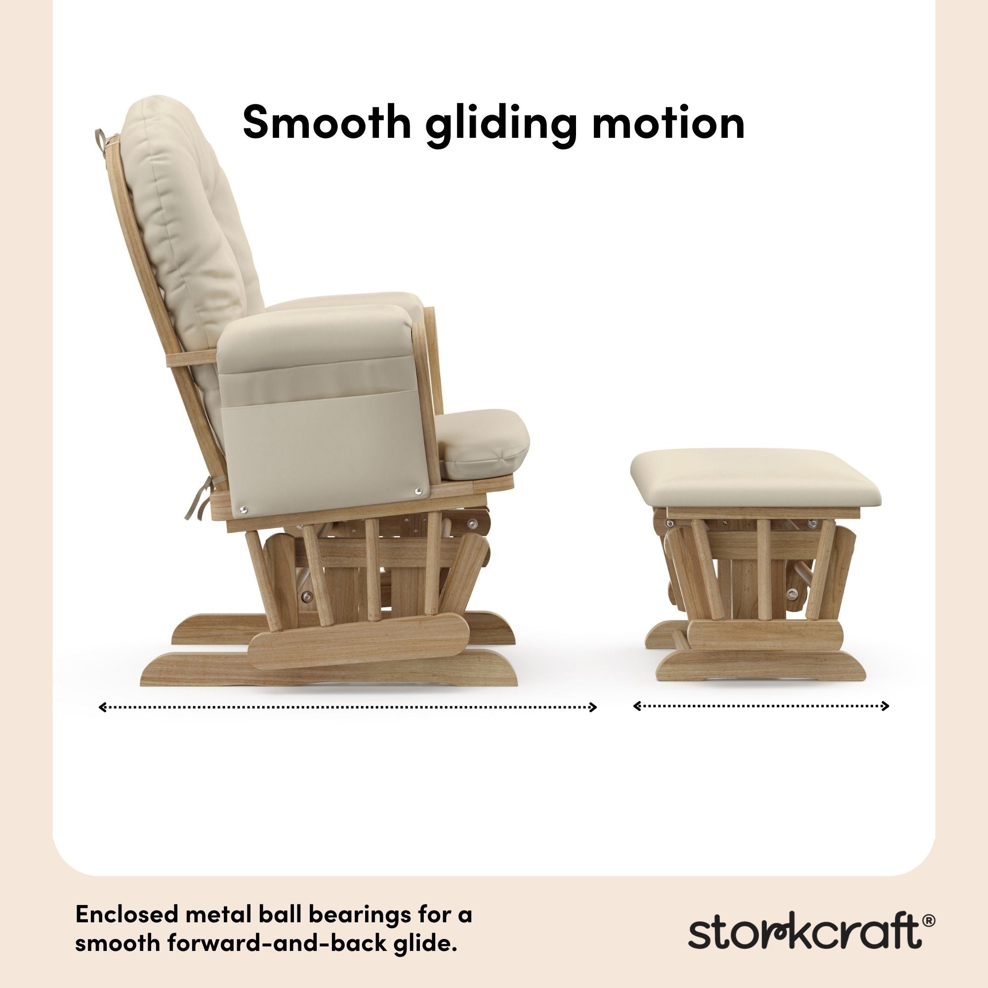 hoop glider natural base with beige cushions and ottoman side view smooth gliding motion callout 