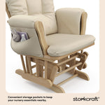 hoop glider natural base with beige cushions and ottoman close up of storage pocket callout