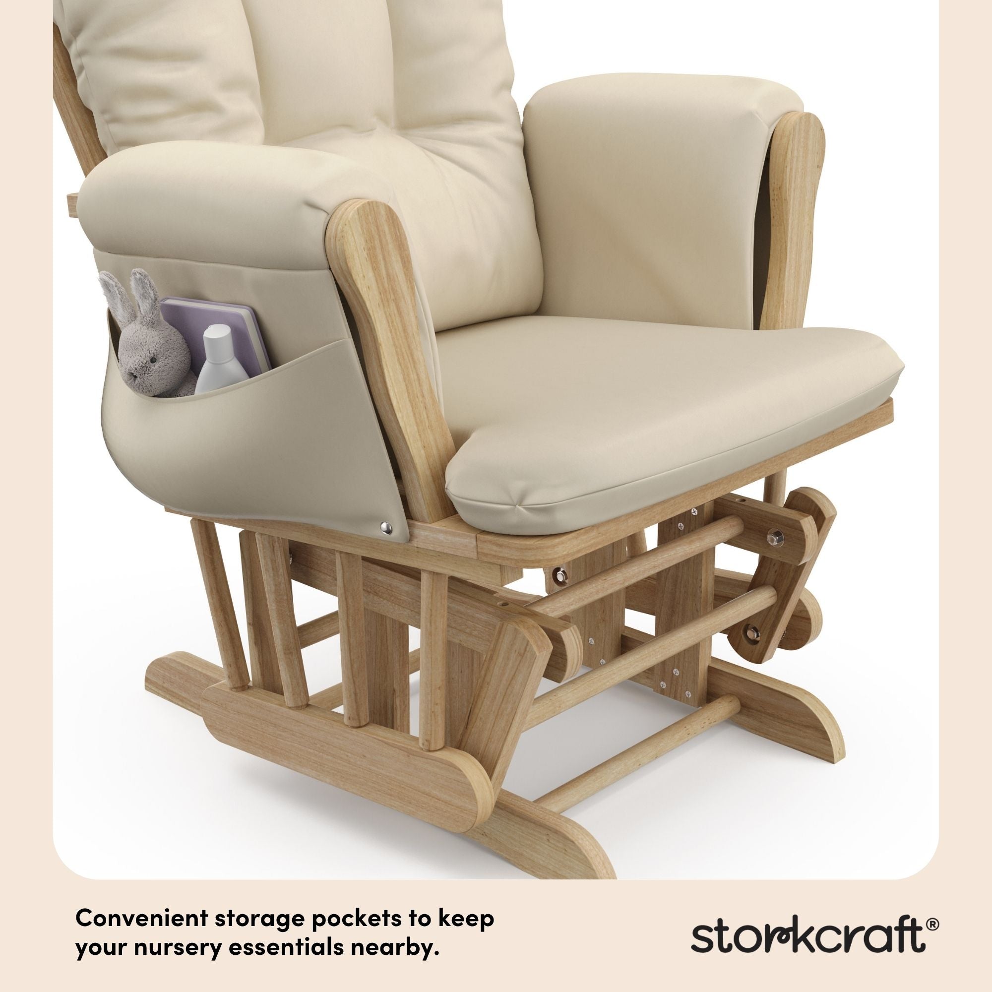 hoop glider natural base with beige cushions and ottoman close up of storage pocket callout
