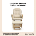 hoop glider natural base with beige cushions and ottoman front view 2-piece nursery set callout