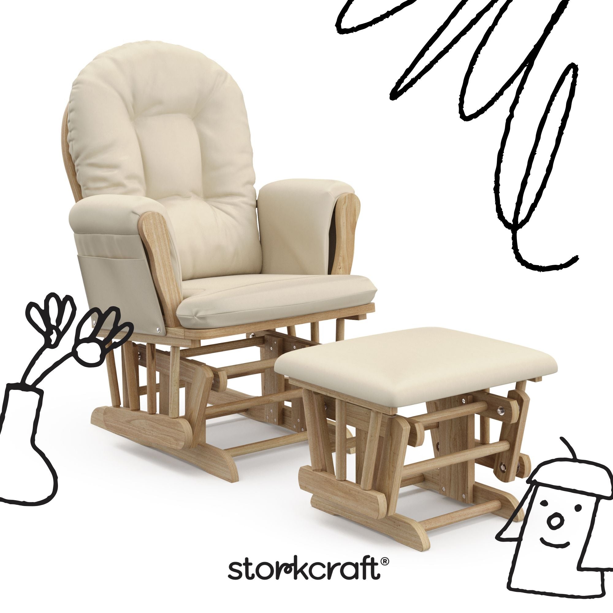 hoop glider natural base with beige cushions and ottoman angle view with black cartoon drawings overlaid on image