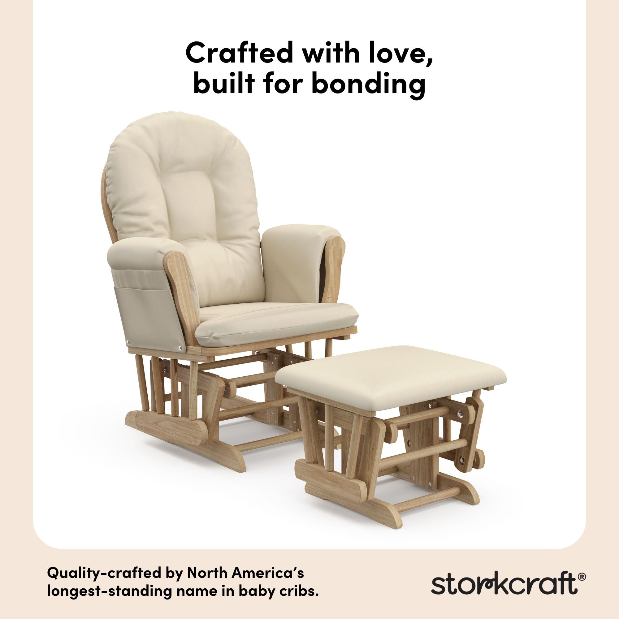 hoop glider natural base with beige cushions and ottoman angle view quality craftsmanship callout